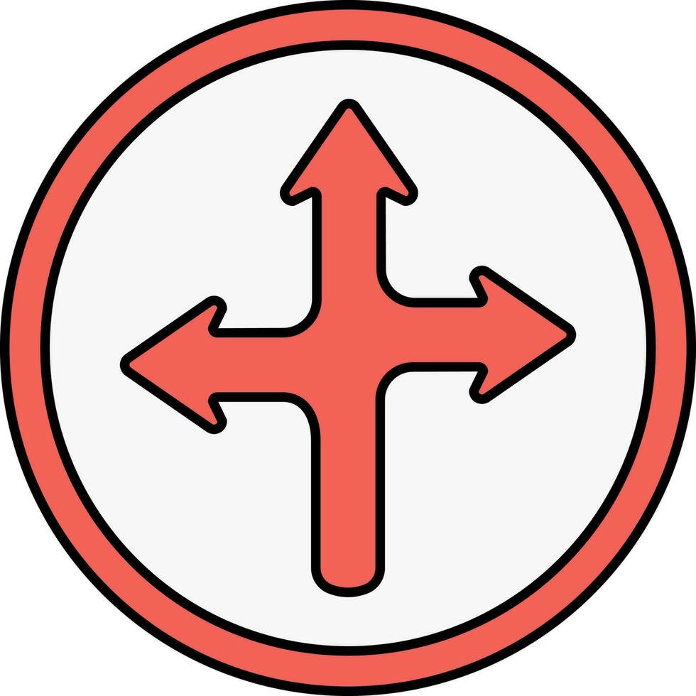 Three Direction Arrow Round Icon In Red Color. vector