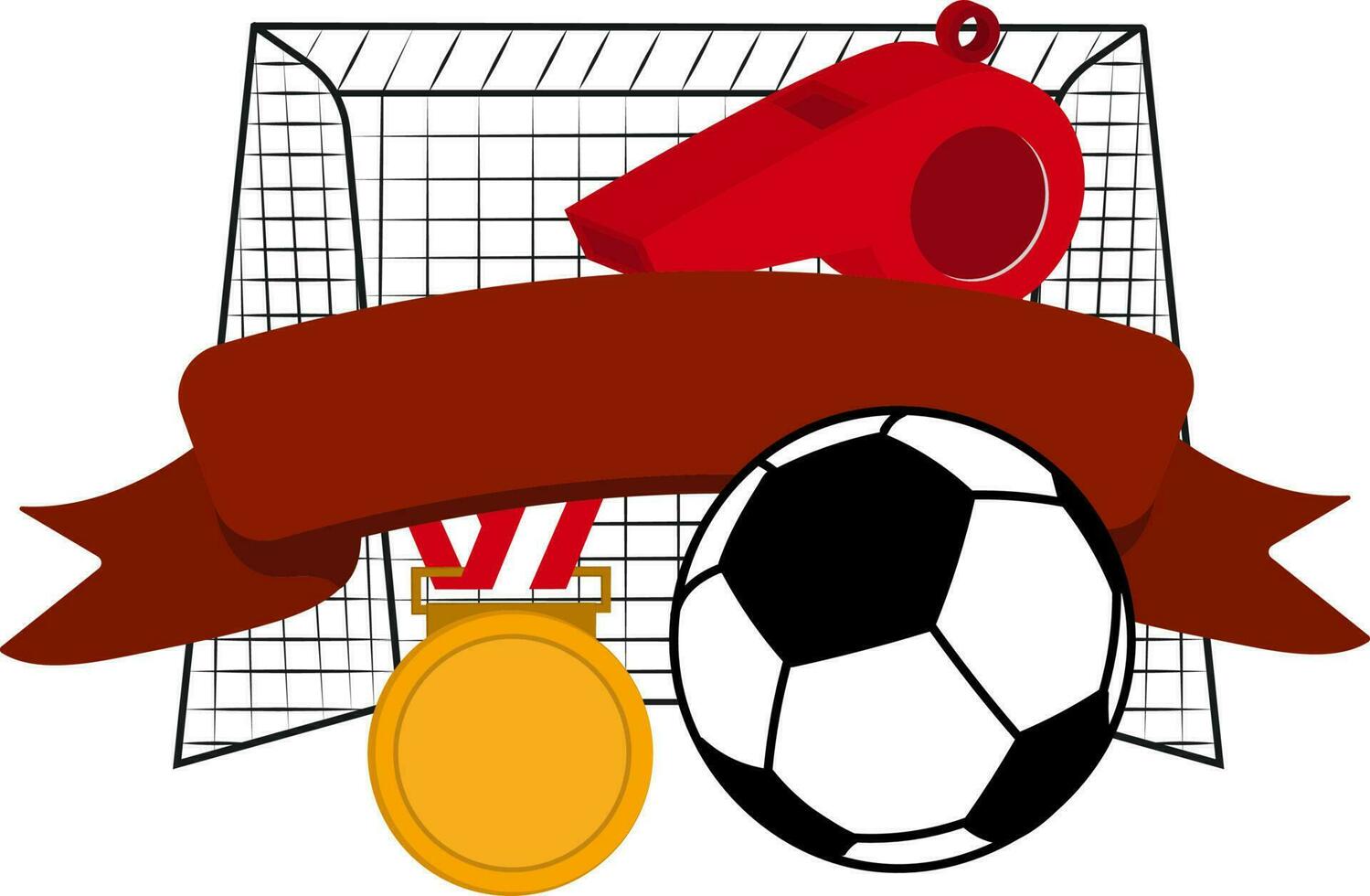 Isolated Blank Ribbon With 3D Soccer Ball, Gold Medal, Whistle And Goal Net For Football Championship Concept. vector