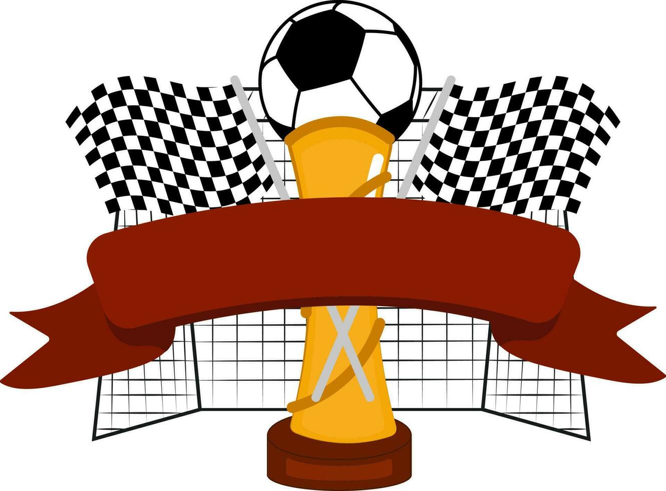Football Championship Concept With Blank Ribbon, Golden Trophy, Cross Checkered Flags And Goal Net On White Background. vector