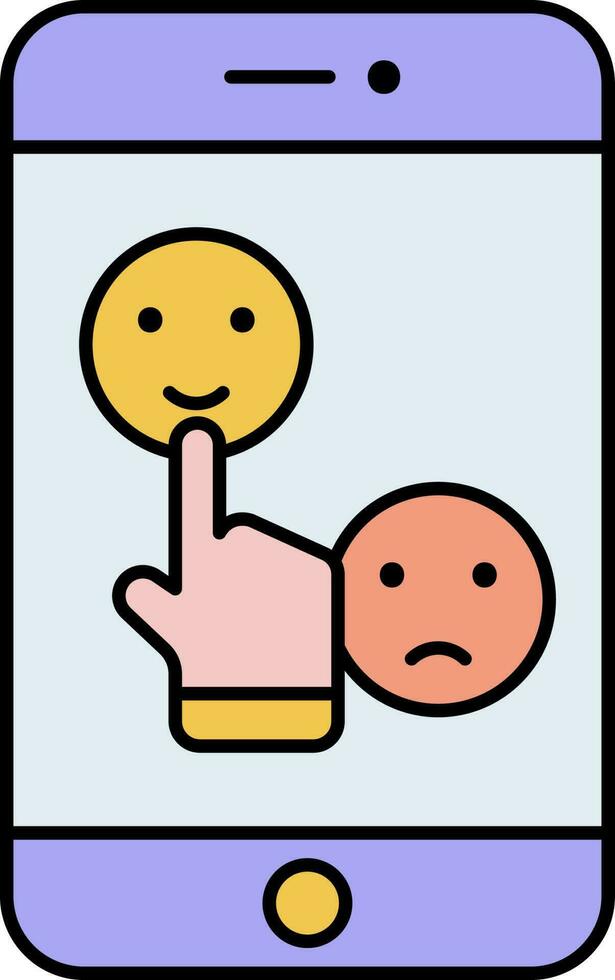 Hand Cursor Touch Smiley Face Emoji In Smartphone Screen Colorful Icon. vector