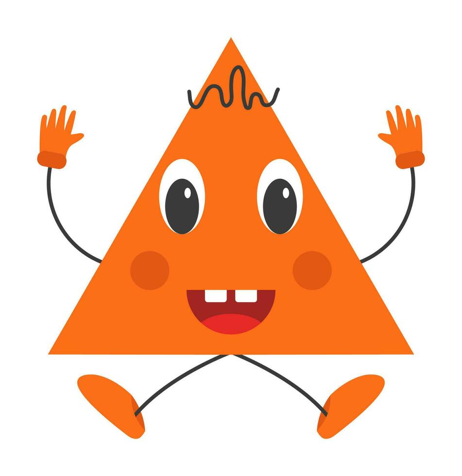 Isolated Sticker Of Laughing Orange Triangle Cartoon In Jumping Pose Over Grey Background. vector