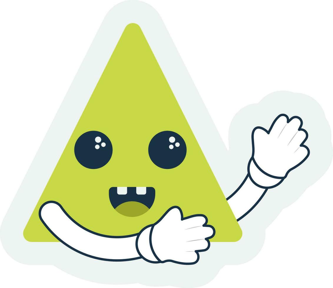 Sticker Style Cheerful Green Triangle Cartoon In Dancing Pose On Grey Background. vector