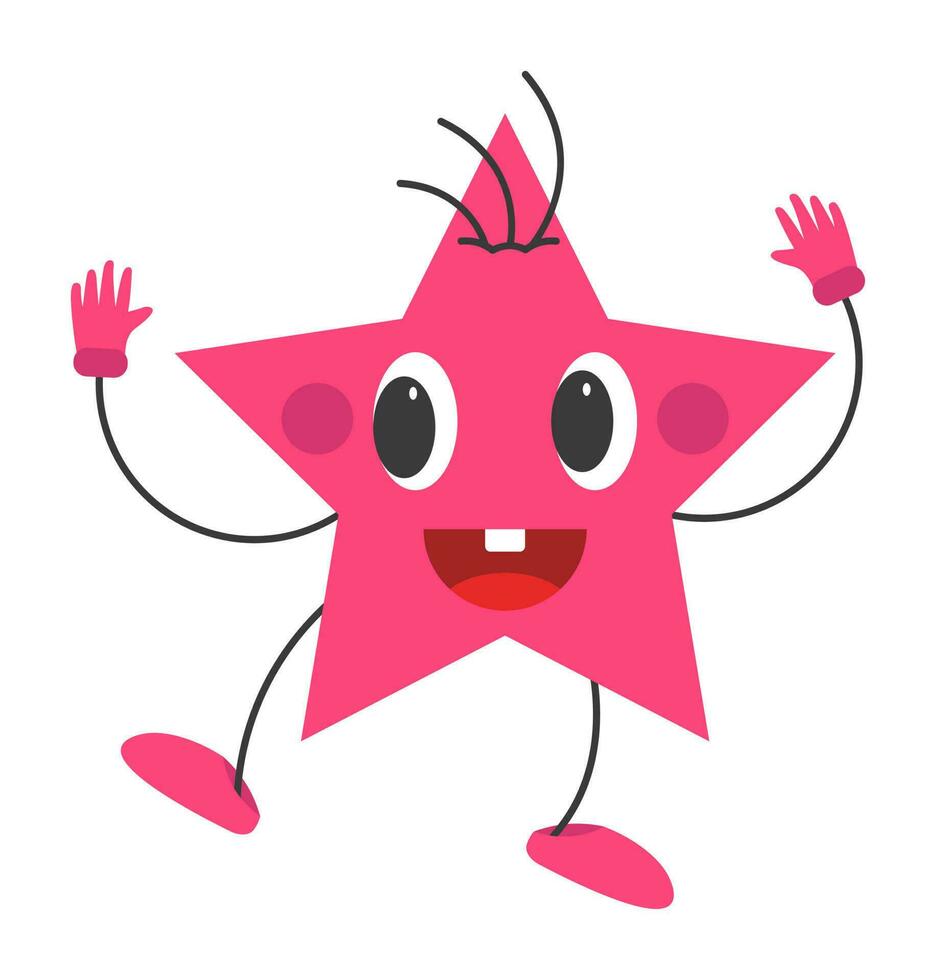 Dancing Pink Star Cartoon Over Grey Background In Sticker Style. vector
