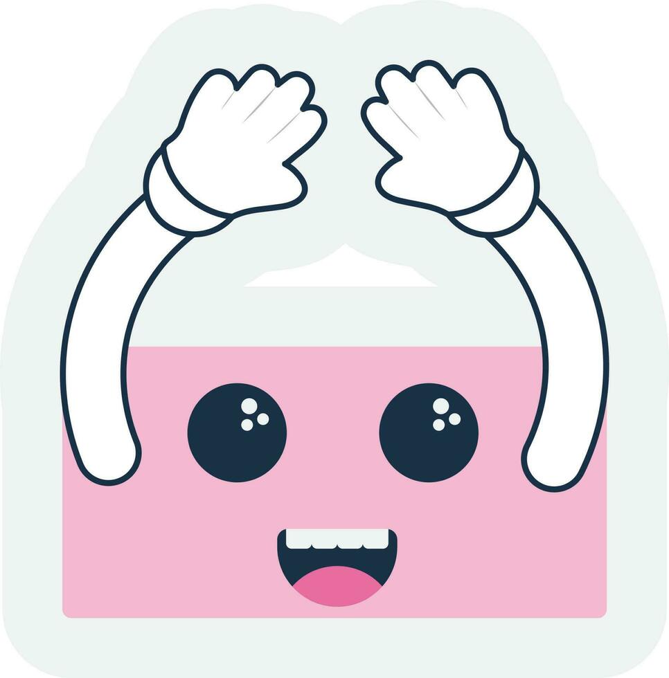 Sticker Style Laughing Pink Rectangle Cartoon With Hand Up Over Grey Background. vector