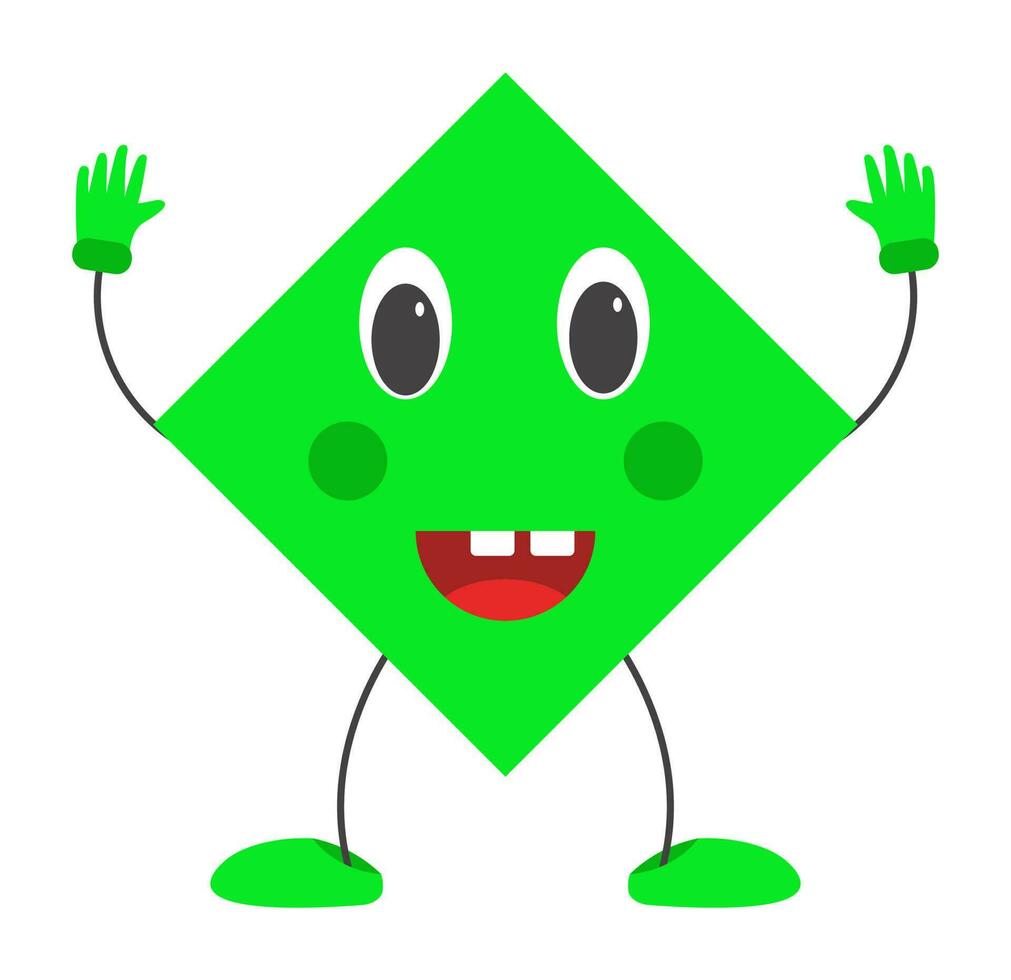 Green Sticker Of Cute Laughing Rhombus Cartoon Standing With Hand Up On Grey Background. vector