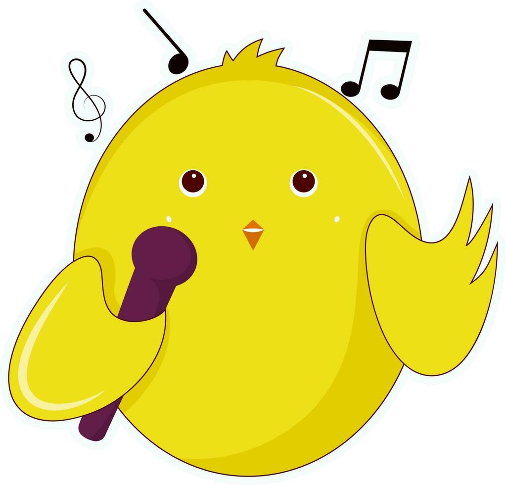 Singing Cute Yellow Bird Through Microphone Flat Element. vector