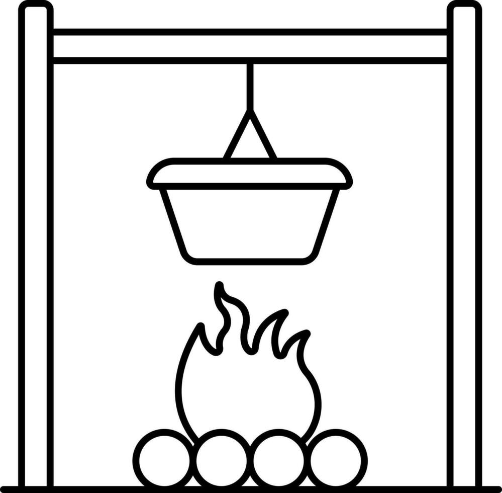 Hanging Food Pot On Fire Black Outline Icon. vector