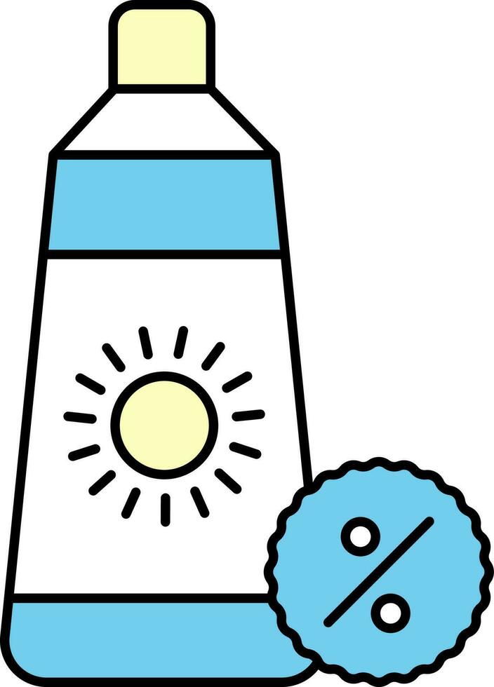 Discount Offer For Sunscreen Tube Icon In Blue And Yellow Color. vector