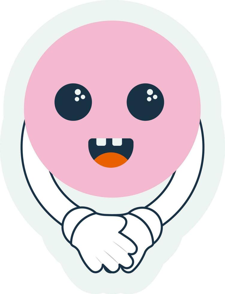 riendo rosado circulo dibujos animados con mano cerca en pegatina estilo. vector