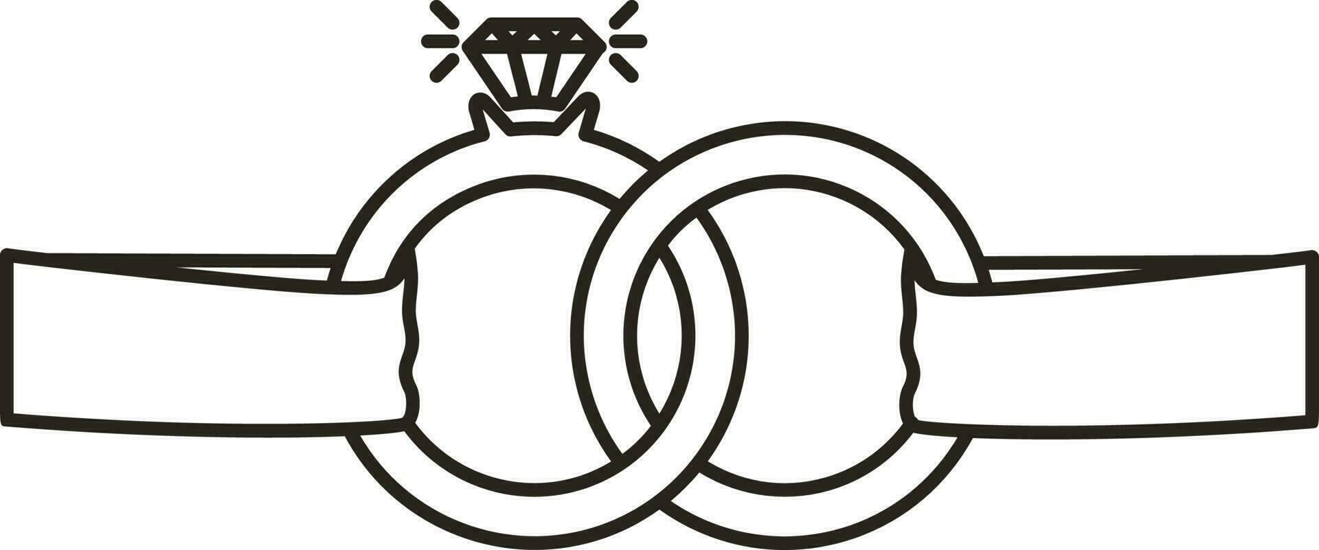 Ribbon With Two Wedding Or Engagement Ring Icon In Black Line Art. vector