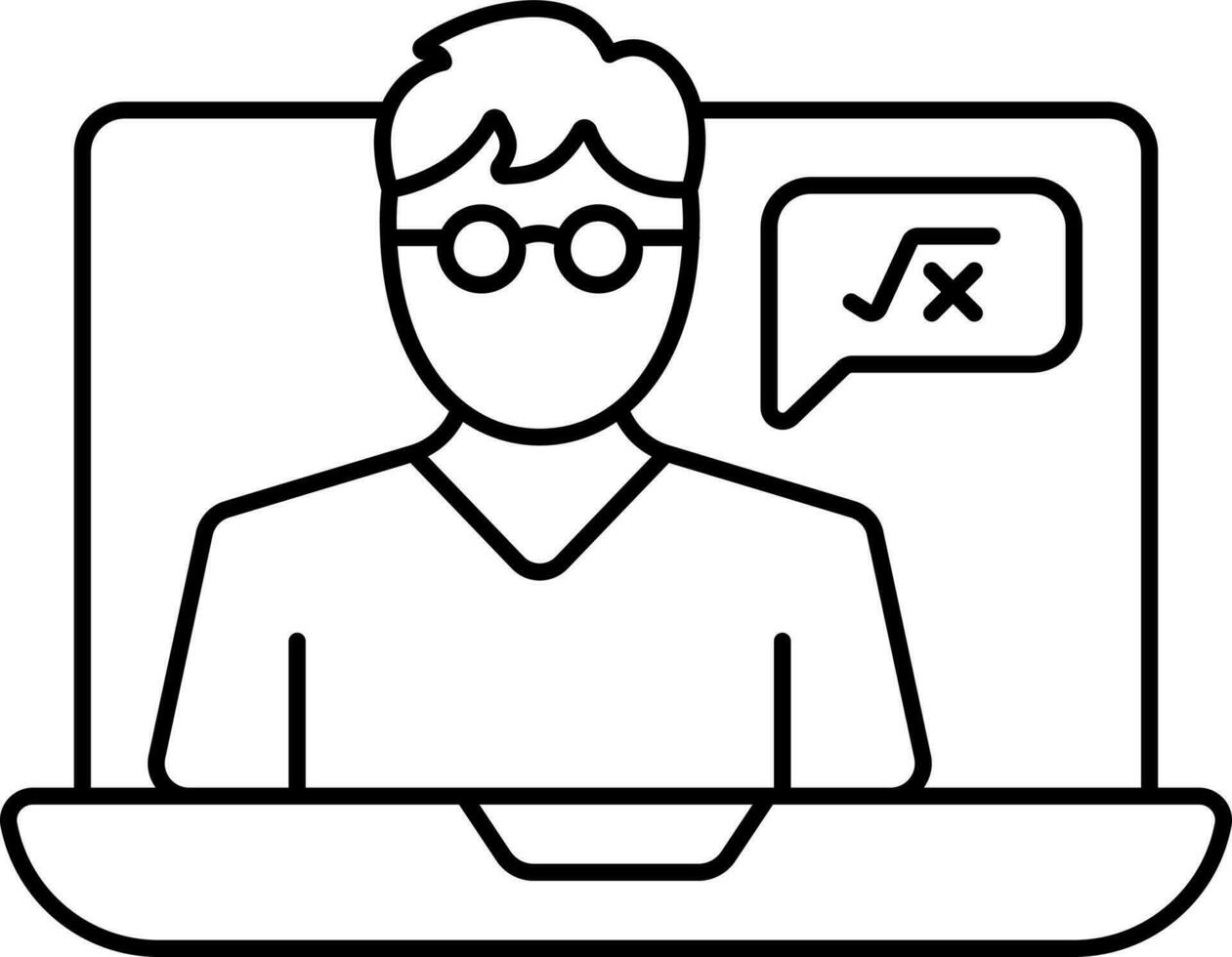 Online Math Teacher In Laptop Screen Black Outline Icon. vector