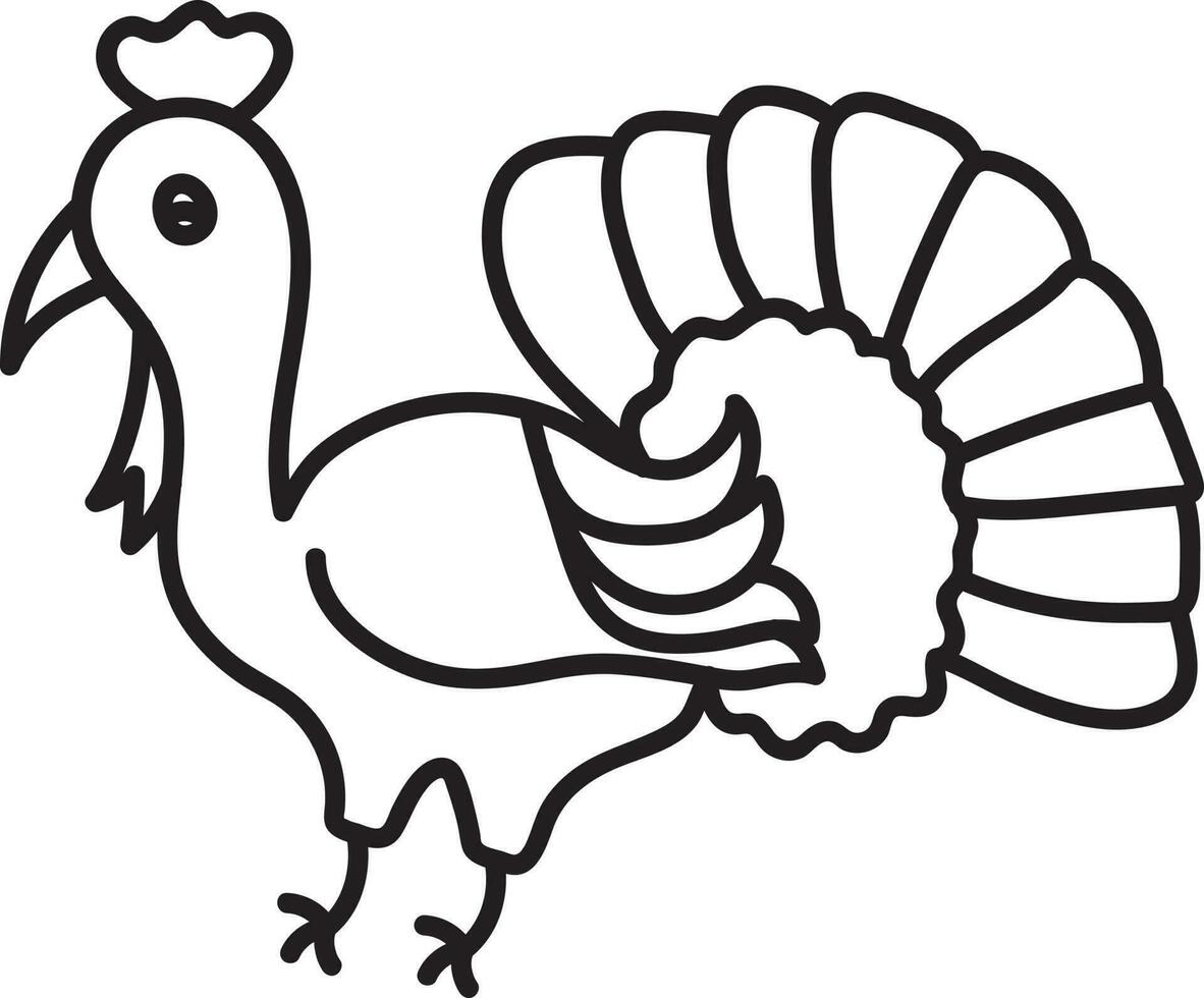 Cartoon Turkey Bird Icon In Black Linear Style. vector