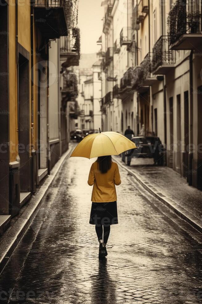 Yellow umbrella in hand of woman walking on a colorless street. photo