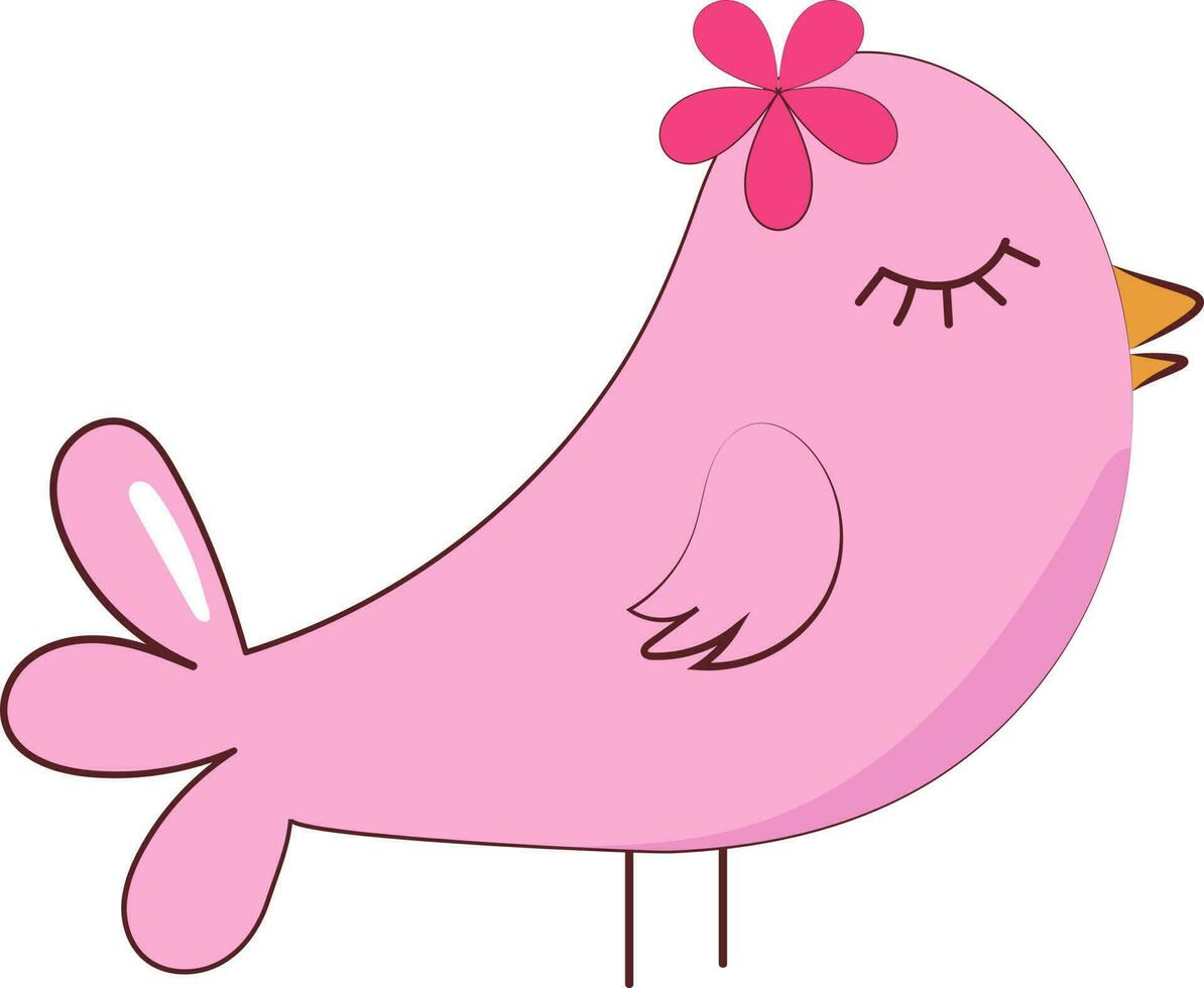 Wearing Flower Cute Pink Bird Cartoon Icon In Doddle Style. vector