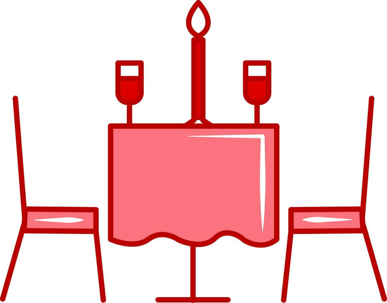 Isolated Burning Candle With Couple Wine Glass On Table And Chairs Flat Icon In Red And White Color. vector