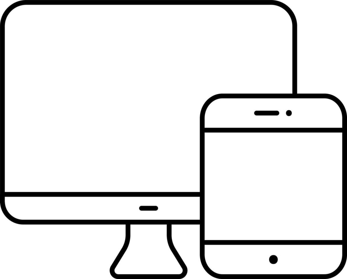 Desktop With Smartphone Icon In Black Linear Style. vector