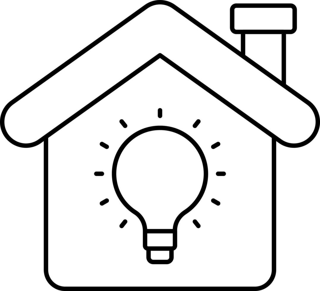 Illuminated Bulb With Home Icon In Black Thin Line Art. vector