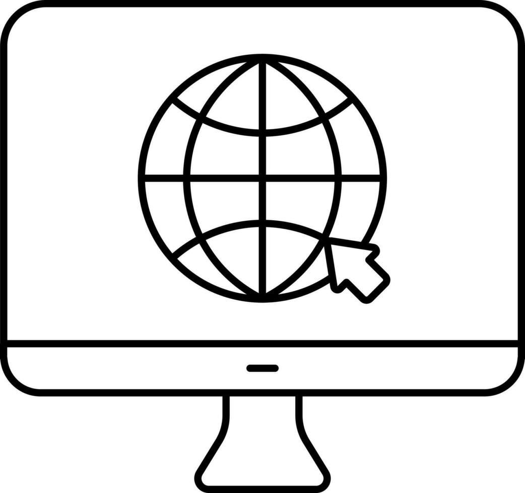 Black Outline Illustration Of Cursor Arrow On Globe In Desktop Screen. vector