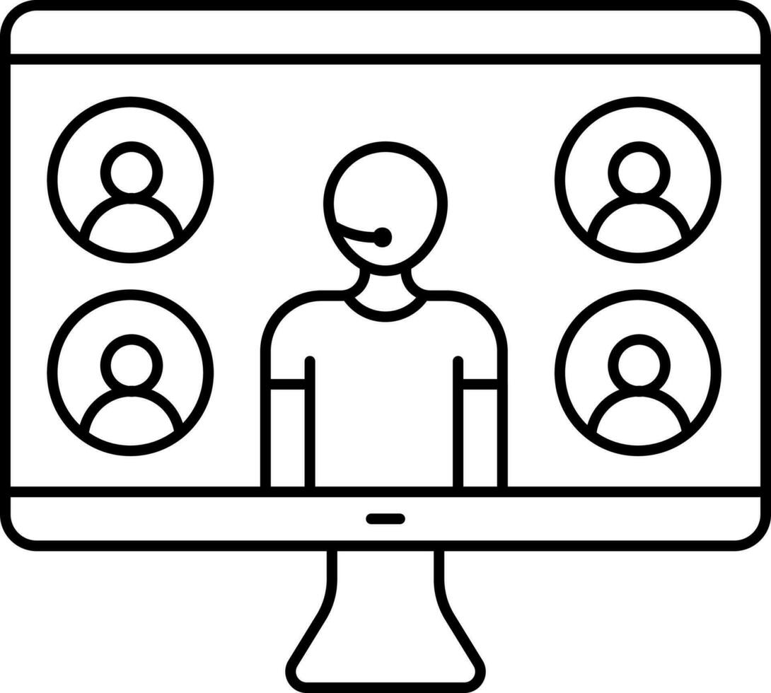 Online Meeting From Computer Black Stroke Icon. vector