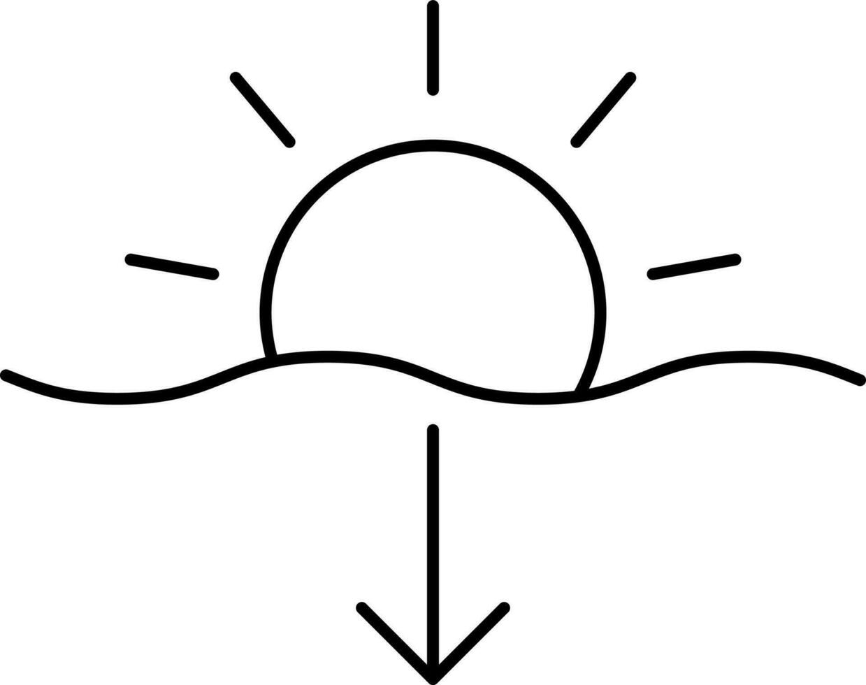 Black Linear Style Sun With Arrow Down Icon. vector