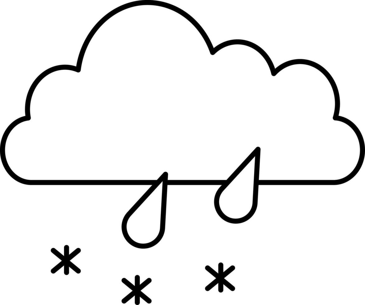 Black Thin Linear Snowfall With Rain Icon. vector