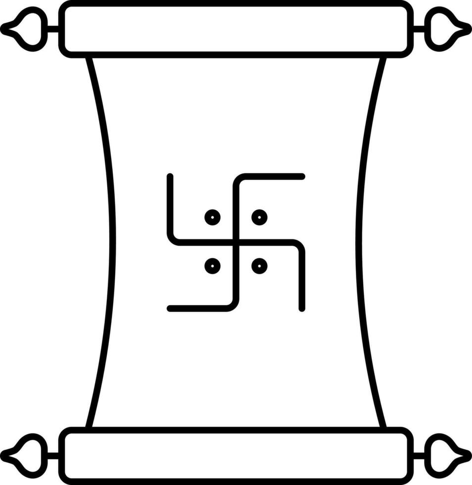 Swastika Symbol On Scroll Paper Icon In Black Linear Art. vector