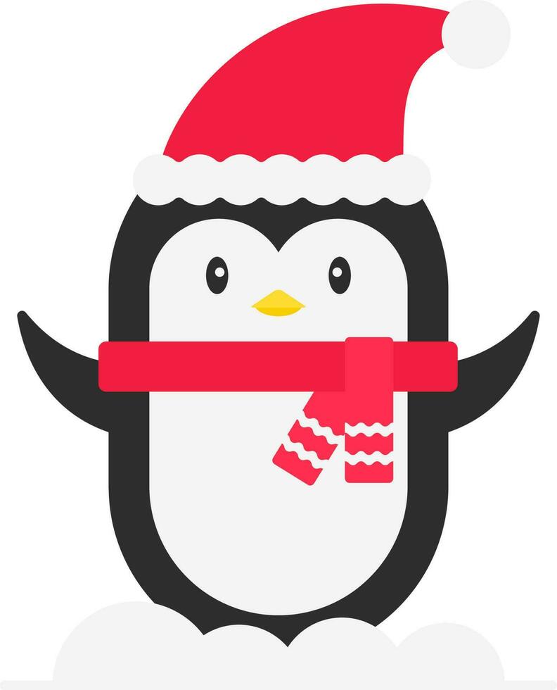 Cute Penguin Wearing Santa Hat With Scarf Flat Vector. vector