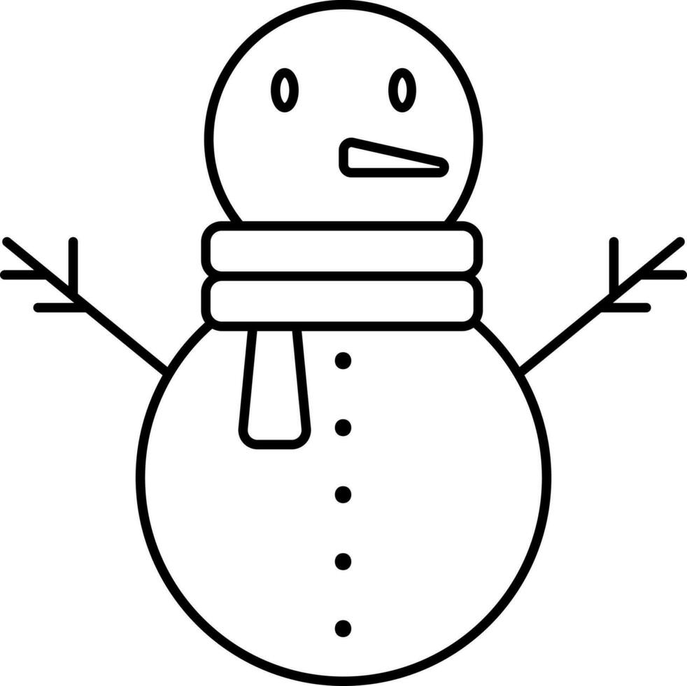 Cartoon Snowman Wearing Scarf Icon In Black Line Art. vector