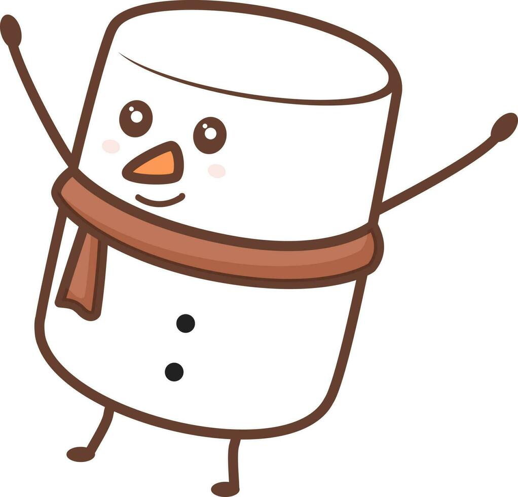 Dancing Marshmallow Mascot And Wearing Scarf Element In Brown And White Color. vector