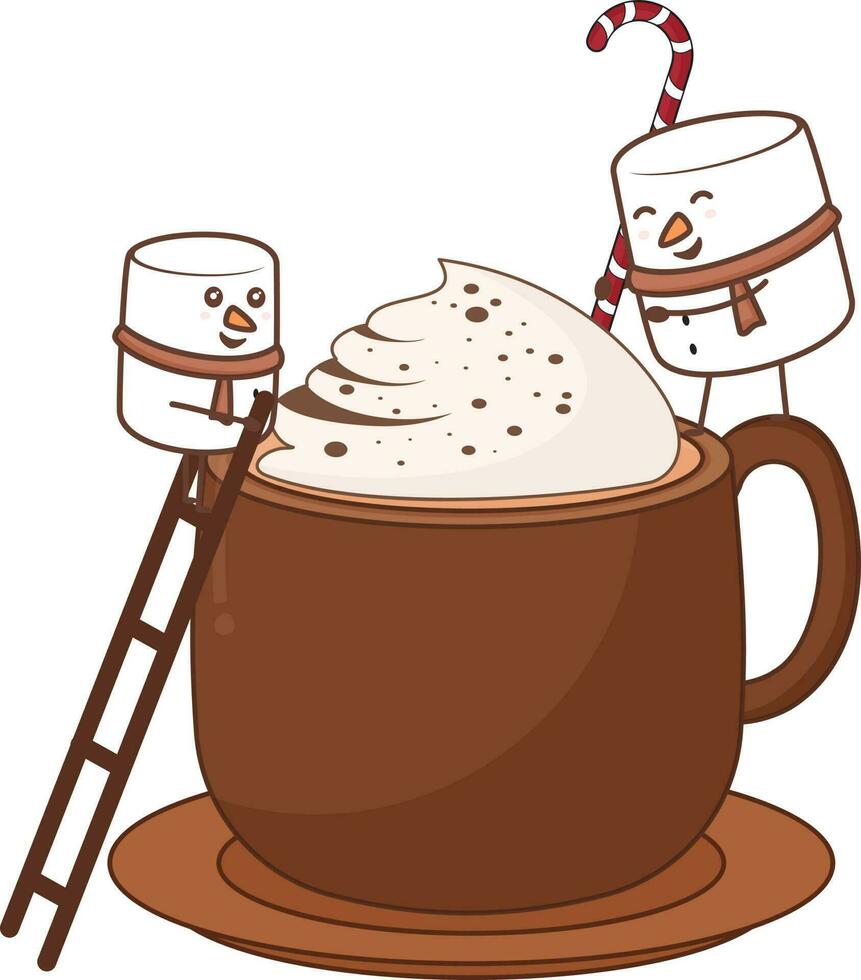 Climbing Marshmallow Cartoon On Cocoa Cup With Ladder And Candy Cane Element In Flat Style. vector