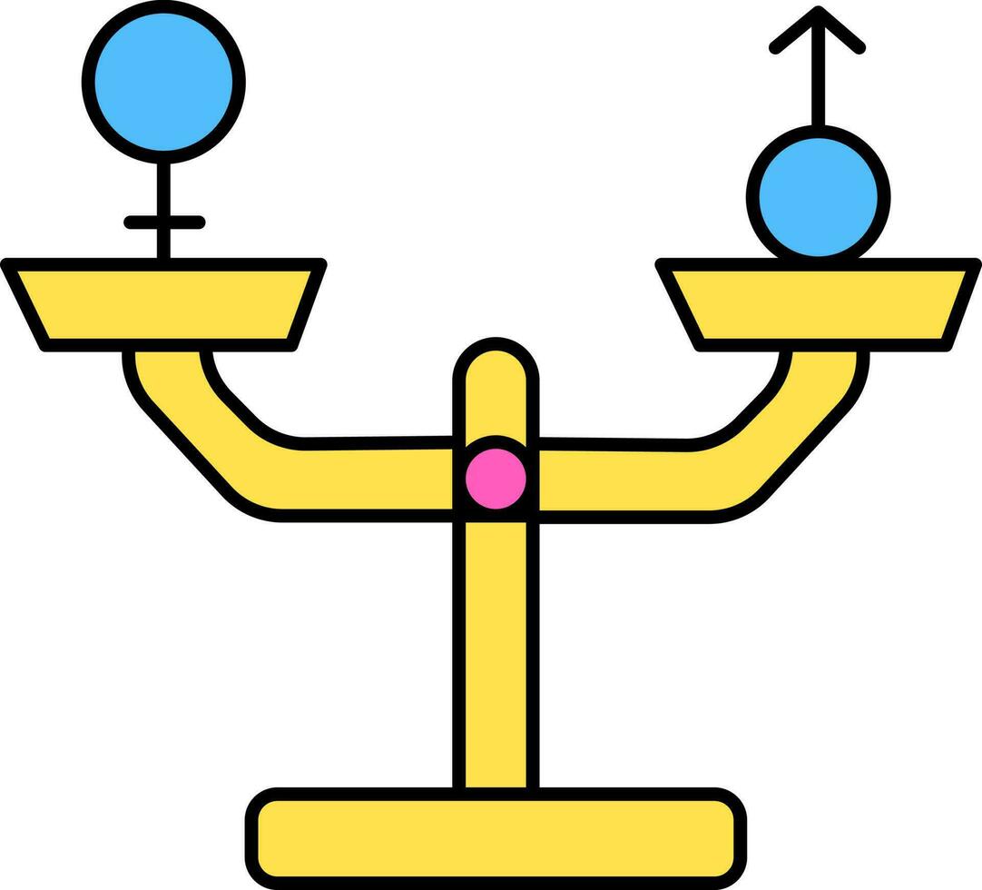 masculino y hembra género símbolo en equilibrar escala icono en amarillo y azul color. vector