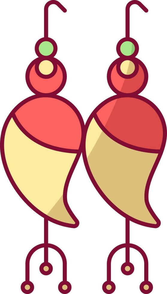 Peacock Hanging Earrings Icon In Red And Yellow Color. vector