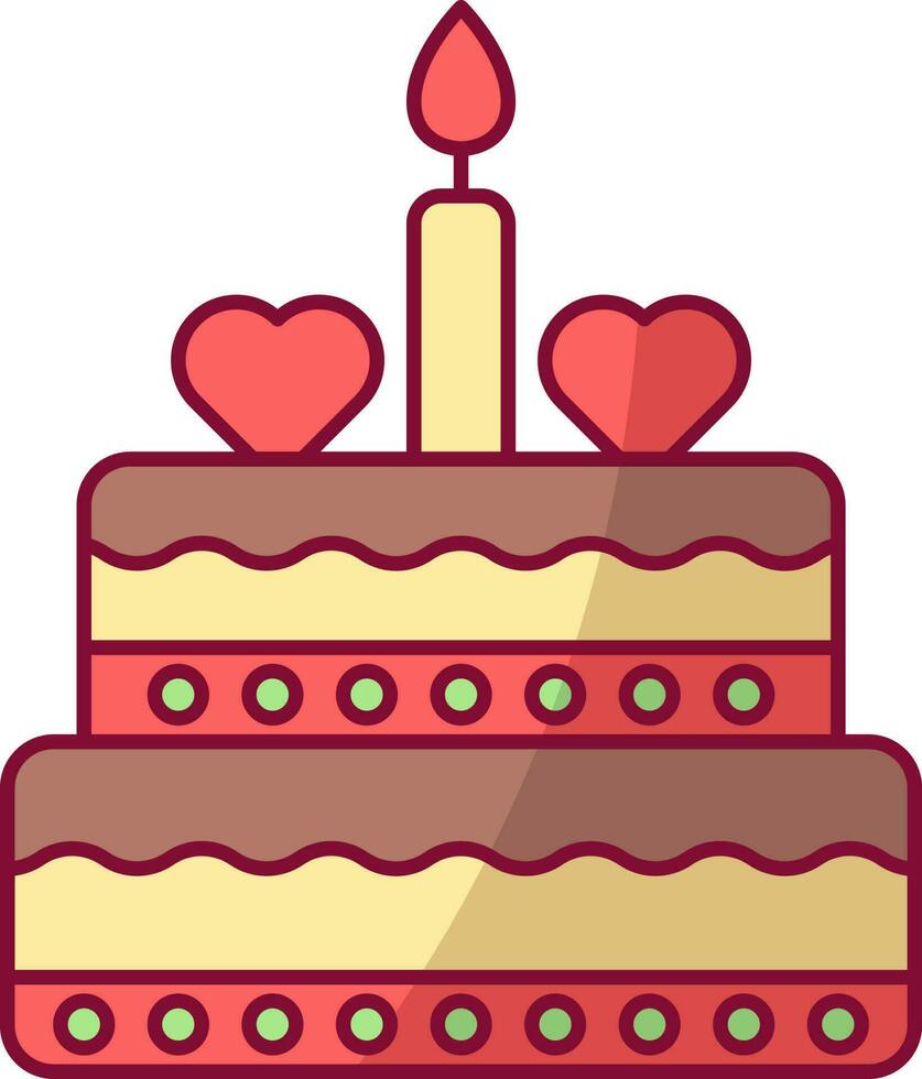 Two Heart Decorate Cake With Burning Candle Red And Yellow Icon. vector