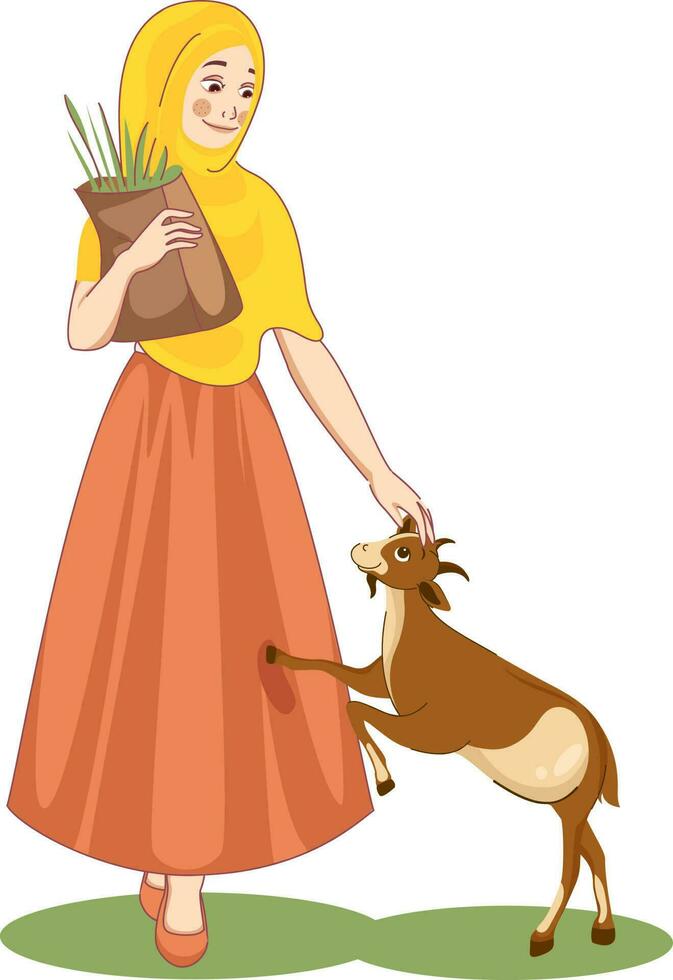 Beautiful Islamic Young Woman Holding Paper Bag Of Grass And Goat Animal Illustration. vector
