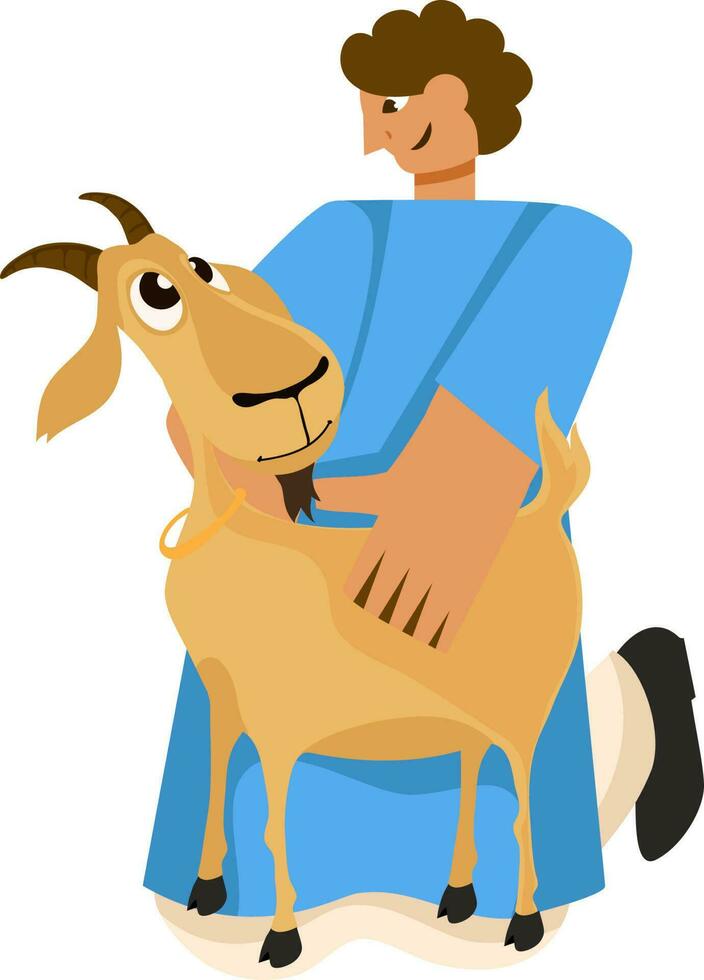 Cartoon Islamic Man Holding Goat Animal In Sitting Pose. vector