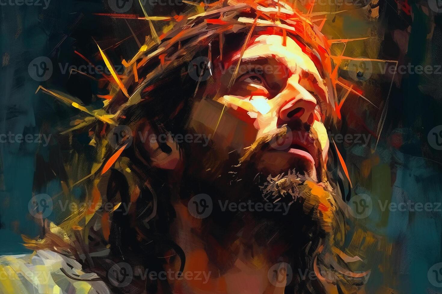 Jesus with a crown of thorns surrounded by glowing light Palette knife drawing. photo