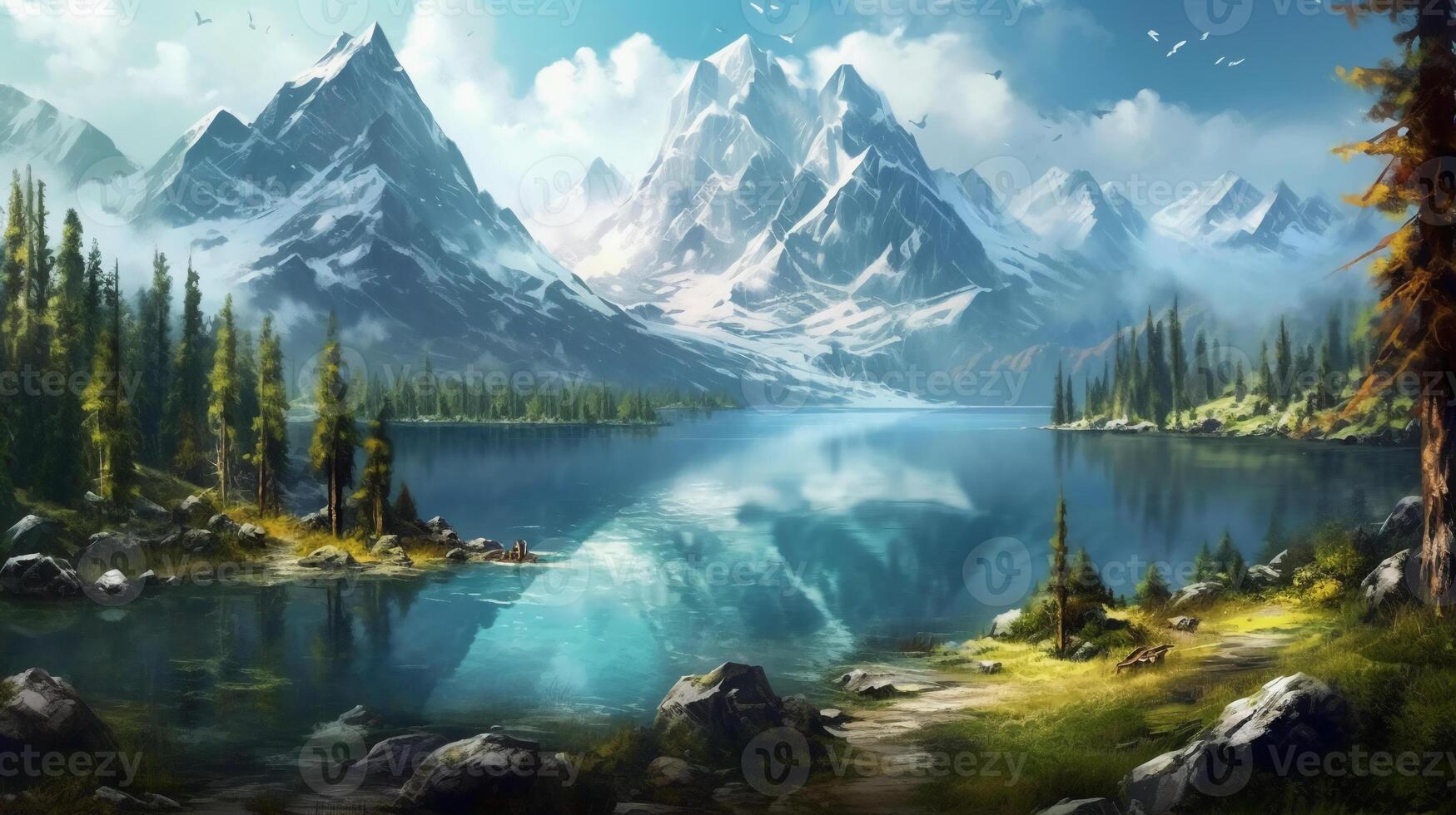 Lake with mountains and trees. photo