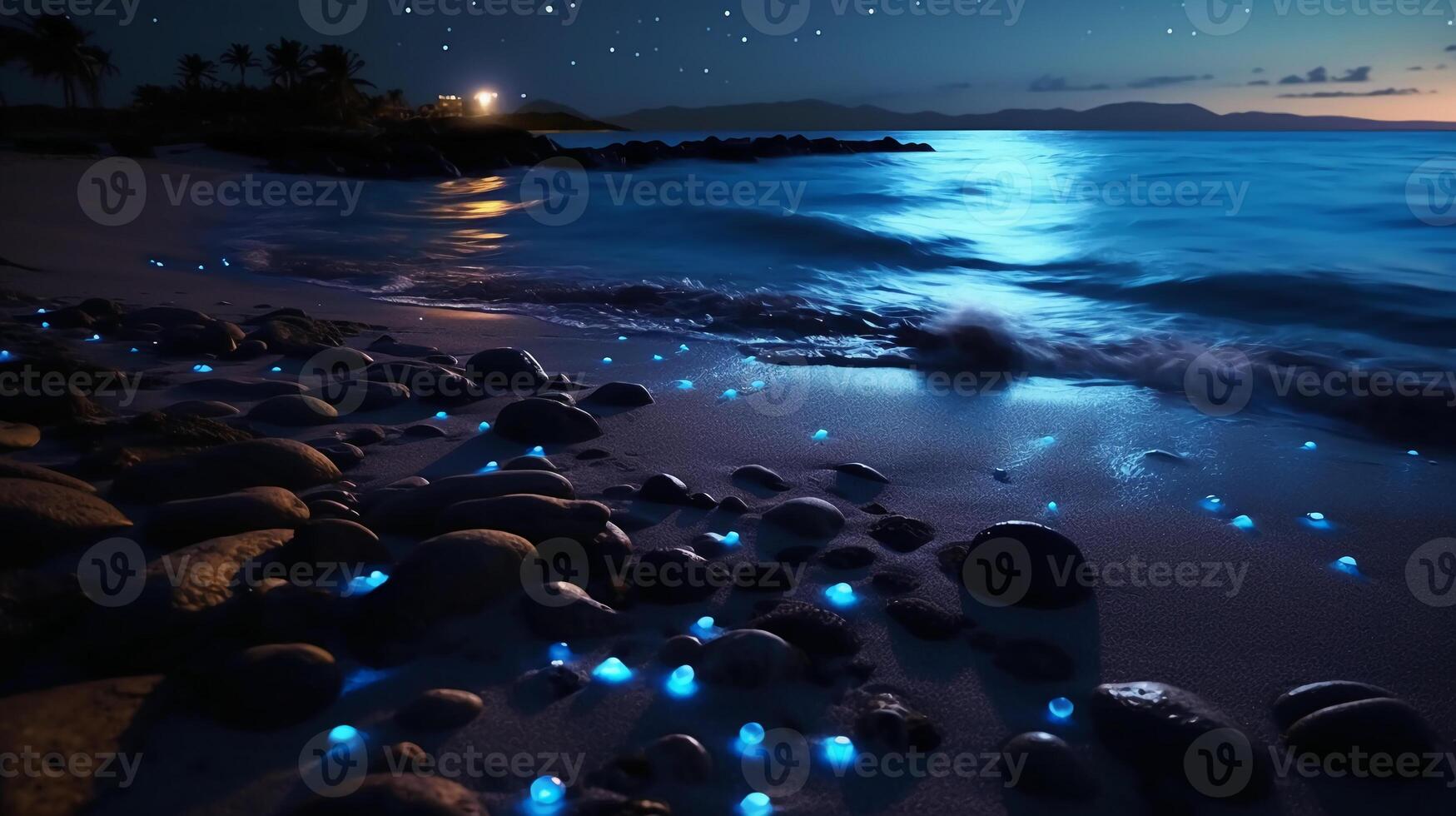 Ocean shore at night, the water is full of dinoflagellates, glowing with millions bright blue neon glow in the dark tiny dots. photo