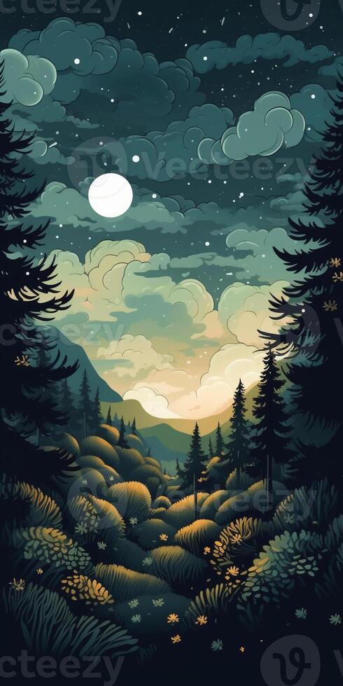 Night forest pattern, minimal, graphic poster design. photo