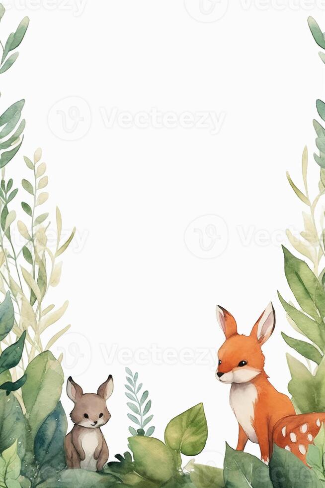 White background with simple leaves in corner with cute forest animals watercolor style. photo