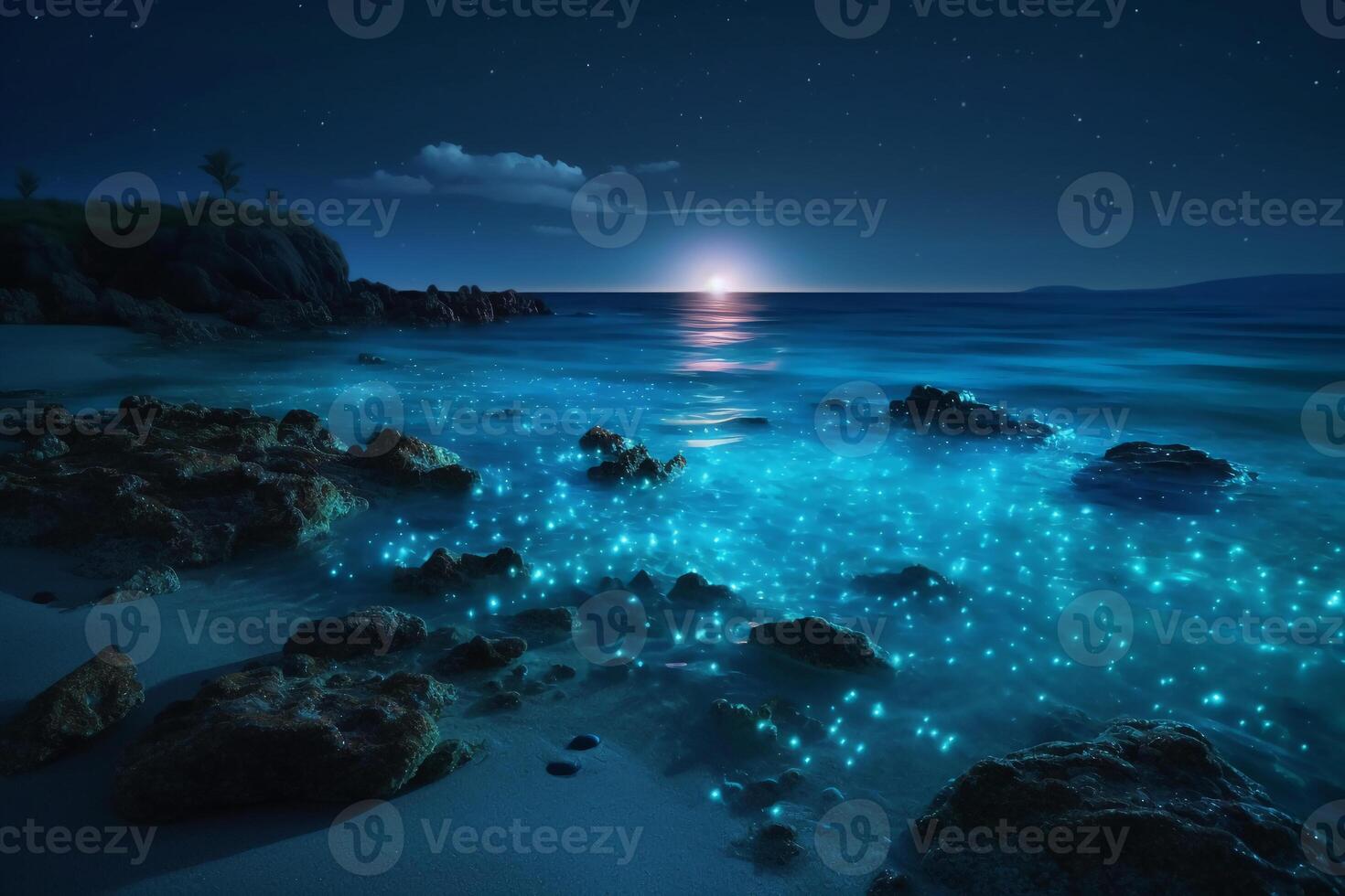 Ocean shore at night, the water is full of dinoflagellates, glowing with millions bright blue neon glow in the dark tiny dots. photo