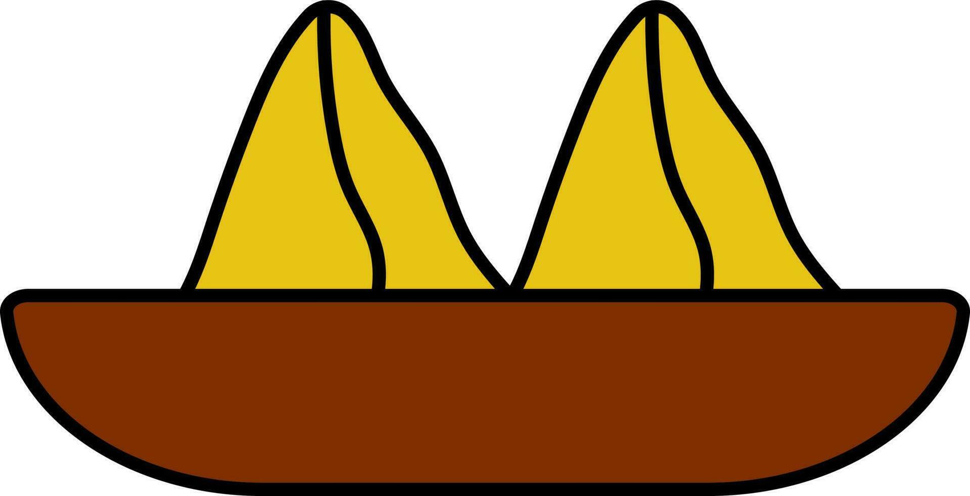 Flat Samosa Indian Snack Plate Icon In Yellow And Brown Color. vector
