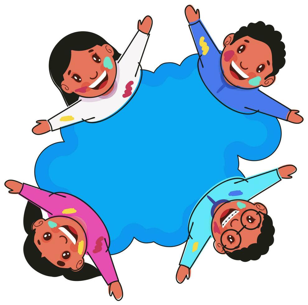 Cheerful Kids Looking Up With Copy Space On Blue And White Background For Holi Festival. vector