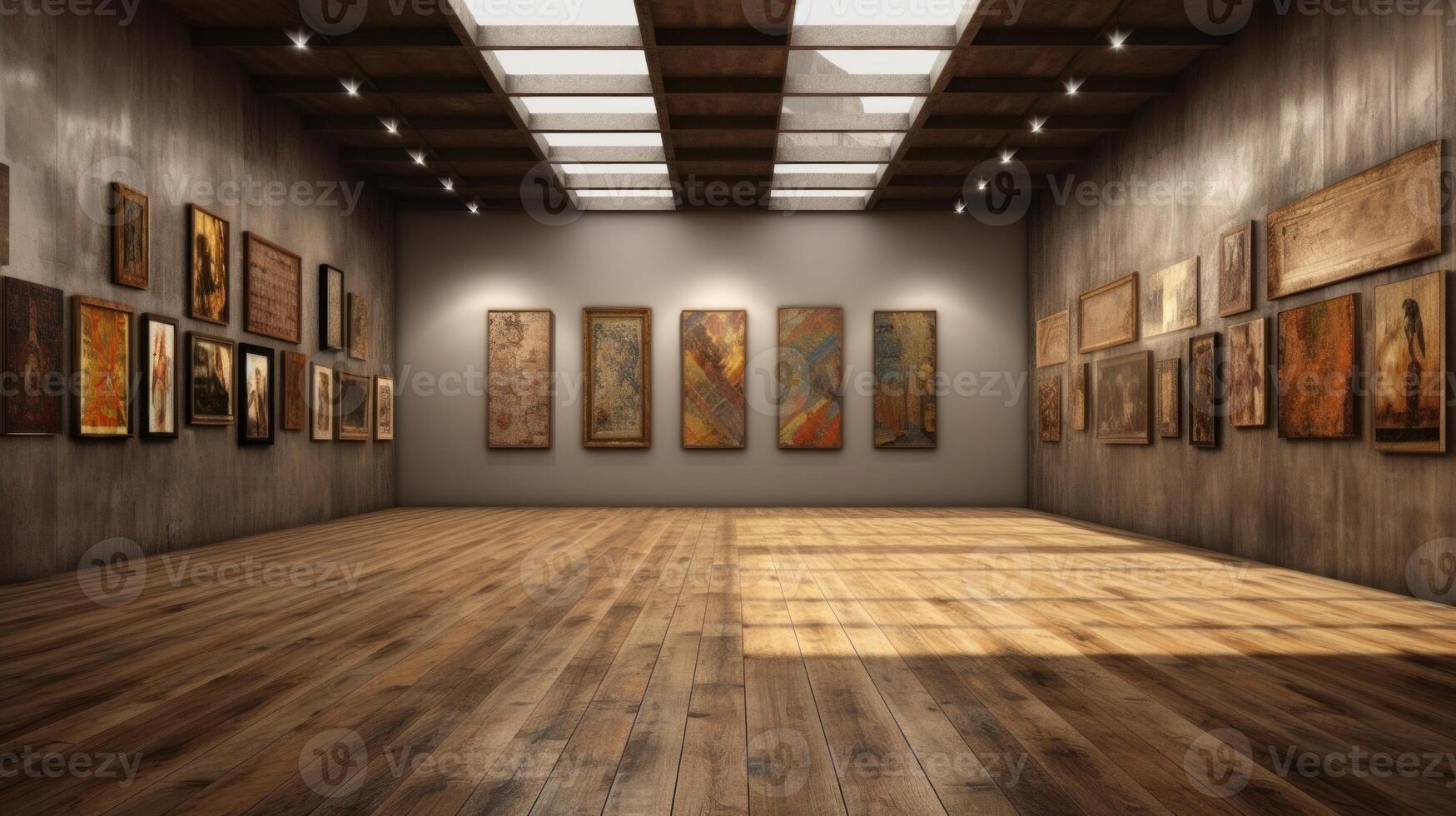 Spacious art gallery filled with a diverse collection of paintings. photo