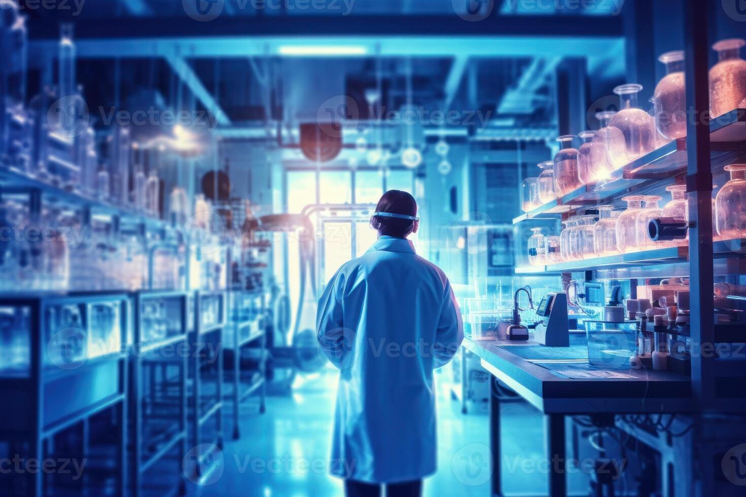 A scientist in a lab coat standing in front of a digital display. photo
