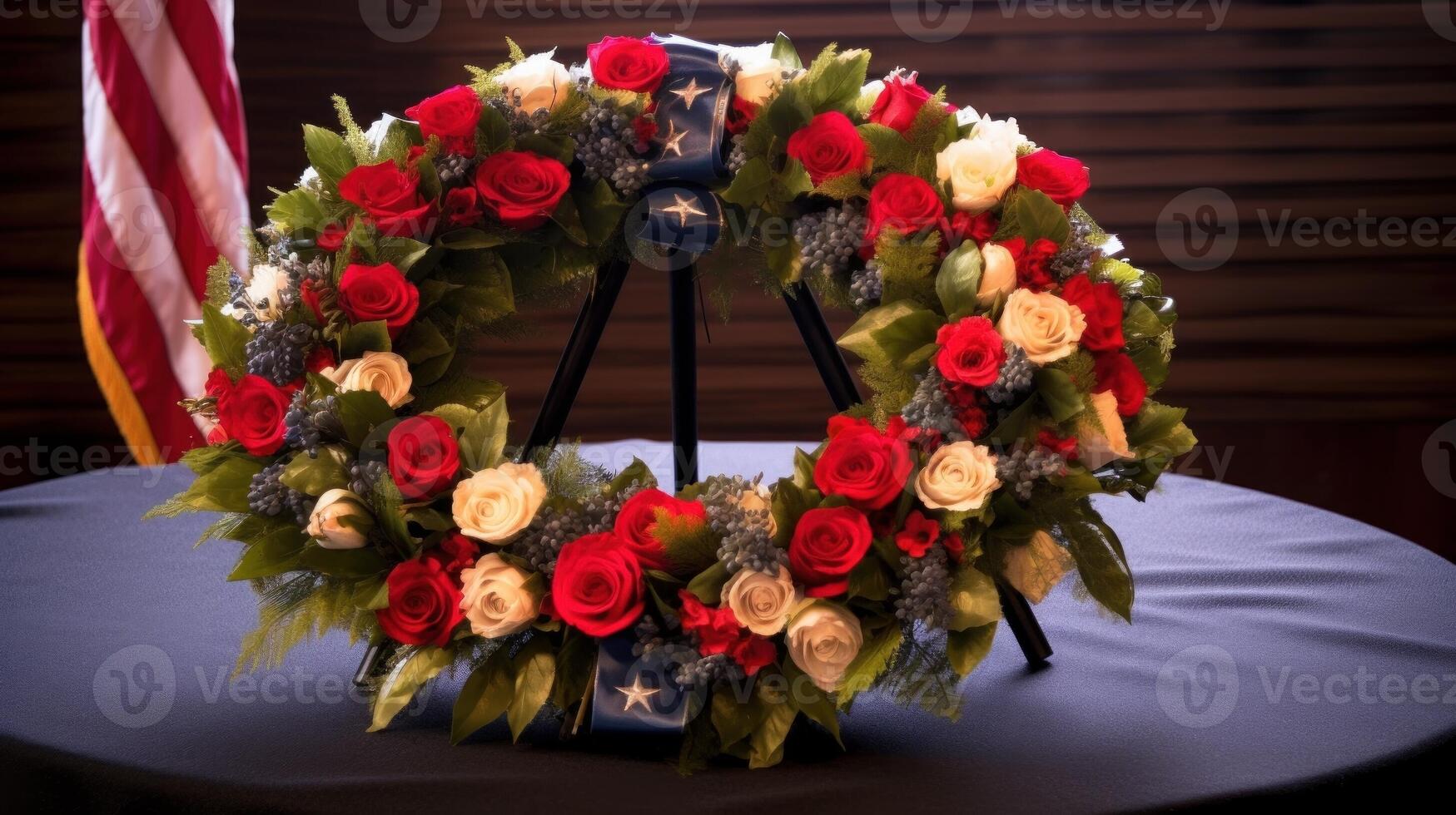 A patriotic wreath displayed on a table with an American flag backdrop. photo