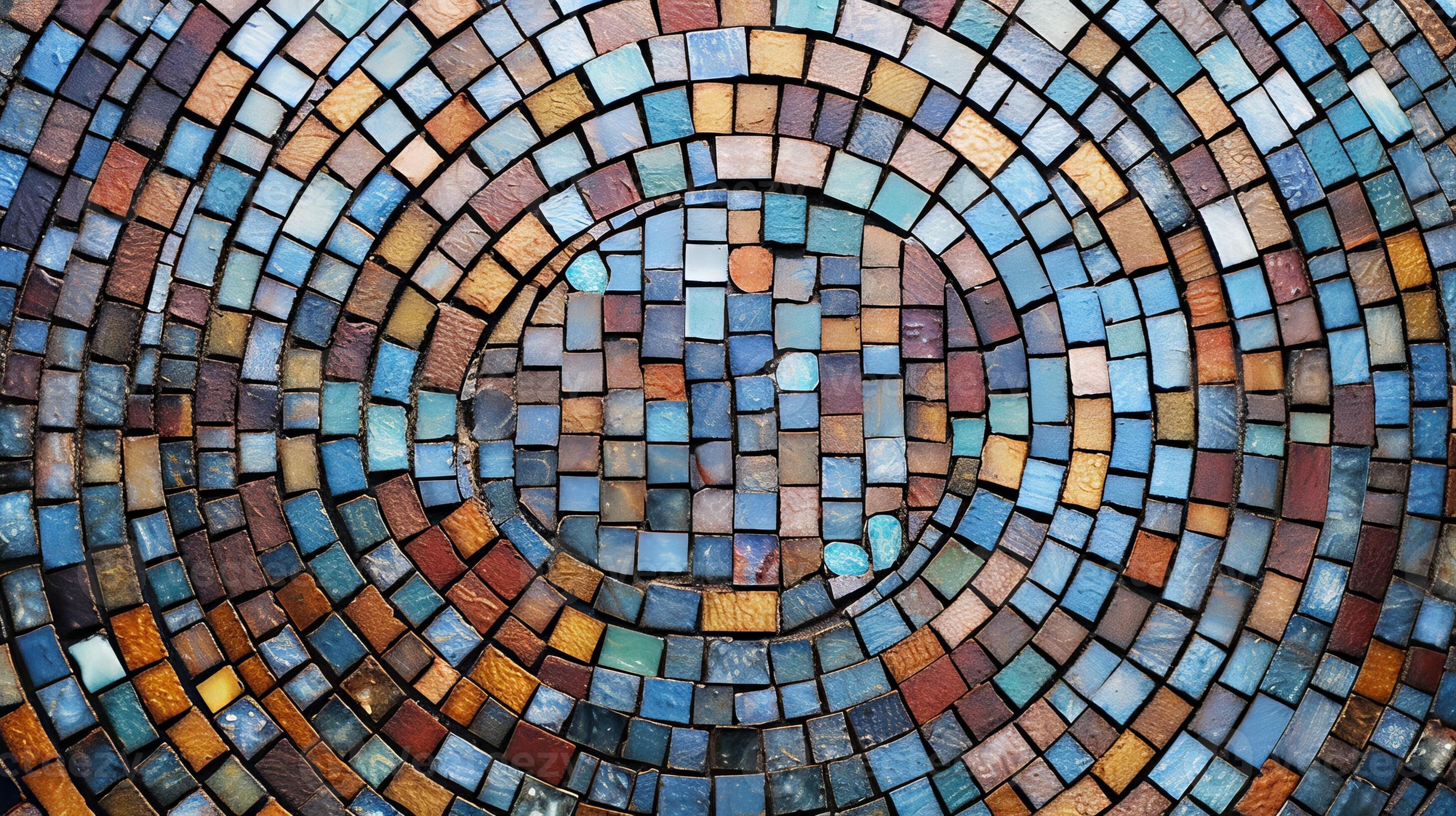 A circular mosaic tile wall with intricate design. Generative AI