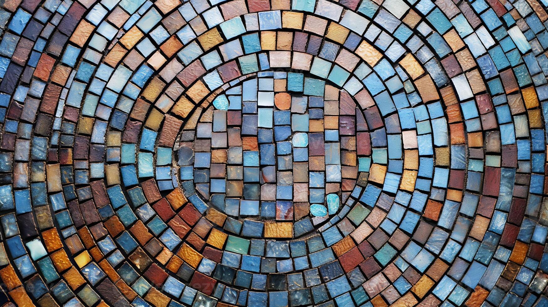 A circular mosaic tile wall with intricate design. photo