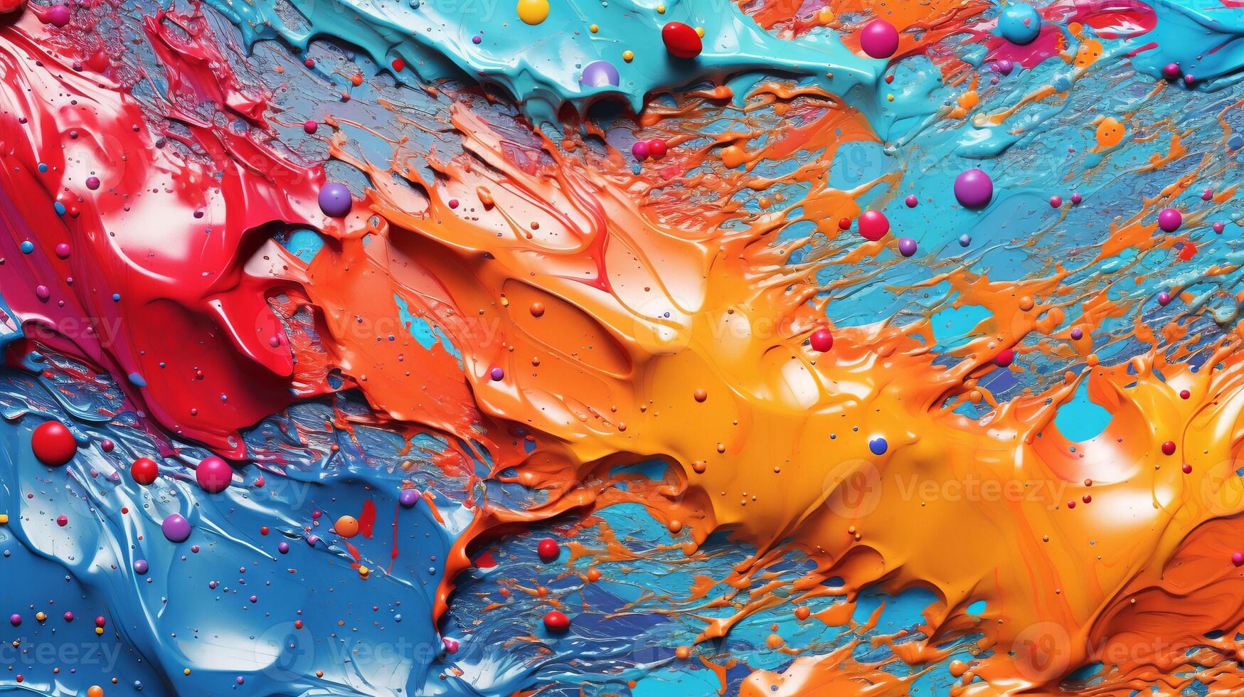 A vibrant and colorful painting with textured drops of paint up close