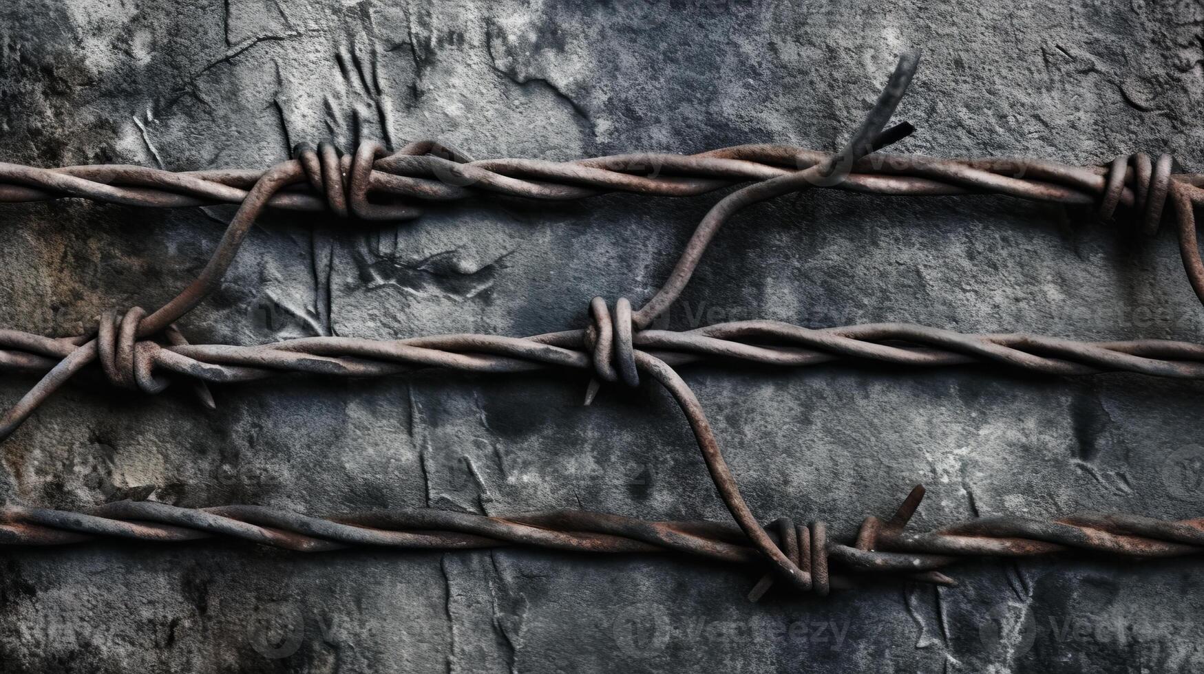 A close-up of a rusted barbed wire fence with blurred background. photo